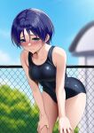  1girl black_one-piece_swimsuit blue_eyes blue_sky blurry blush building bush chain-link_fence cloud commentary_request day depth_of_field fence green_eyes hands_on_own_thighs huyumitsu nose_blush old_school_swimsuit one-piece_swimsuit original outdoors school_swimsuit short_hair sky solo swimsuit wet 