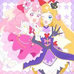  2girls ascot back_bow bare_shoulders beads black_gloves black_hat blonde_hair blue_eyes border bow bow_button bowtie bracelet brooch cape coattails colored_tips commentary corset cosplay cowboy_shot cure_friendy cure_magical cure_magical_(cosplay) cure_miracle cure_miracle_(cosplay) cure_wonderful diamond_(gemstone) dot_nose dress elbow_gloves eyelashes foreshortening frilled_dress frilled_headwear frilled_skirt frills gloves gold_bracelet hair_beads hair_bow hair_ornament hand_on_own_chest happy hat hat_ornament heads_together heart heart_hat_ornament highres inukai_iroha inukai_komugi jewelry jumping kneehighs lace lace_border large_bow layered_dress light_blush locked_arms loose_hair_strand magical_girl mahou_girls_precure! mini_hat mini_witch_hat miniskirt multicolored_hair multiple_girls one_eye_closed open_mouth ornate_border outside_border outstretched_hand petticoat pink_border pink_bow pink_corset pink_eyes pink_hair pink_hat pink_skirt pleated_skirt pom_pom_(clothes) pom_pom_hair_ornament potofu_(myotge4n7v69034) precure puffy_short_sleeves puffy_sleeves purple_border purple_dress red_ascot red_bow red_bowtie shirt short_dress short_sleeves skirt sleeveless sleeveless_dress smile socks standing star_(symbol) star_symbol_background streaked_hair tailcoat tareme turtleneck turtleneck_dress two-tone_border two-tone_hair two_side_up untranslatable_commentary white_background white_cape white_gloves white_shirt white_socks witch_hat wonderful_precure! 
