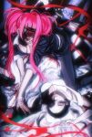  2girls alien_stage black_hair black_jacket black_pants black_suit blood blood_on_breasts blood_on_clothes blunt_bangs breasts chinese_commentary cleavage commentary girl_on_top gloves happy2ni heart highres jacket long_hair lying mizi_(alien_stage) mizi_(zombie_stage) multiple_girls official_alternate_costume on_back pants pink_hair plastic_gloves purple_eyes sua_(alien_stage) sua_(zombie_stage) suit suit_jacket tongue tongue_out twintails white_gloves yuri zombie_stage 