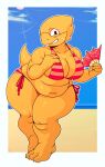  1girl absurdres alphys beach bikini blush breasts buck_teeth cloud cloudy_sky commentary embarrassed english_commentary fat furry furry_female glasses hand_fan highres large_breasts lizard_tail looking_at_viewer multicolored_bikini navel orange_bikini paper_fan red_bikini reptile_girl sharp_toenails side-tie_bikini_bottom sky solo striped_bikini striped_clothes sun sunlight sweat sweatdrop swimsuit tail teeth toenails undertale utdr_(toby_fox) yurisurisu 