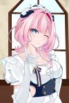  1girl :o ;o absurdres apron black_dress blue_eyes breasts chinese_commentary commentary_request dress elf elysia_(honkai_impact) elysia_(miss_pink)_(honkai_impact) elysia_(miss_pink_elf)_(honkai_impact) gloves highres honkai_(series) honkai_impact_3rd index_finger_raised indoors large_breasts long_hair looking_at_viewer maid maid_apron maid_headdress official_alternate_costume one_eye_closed pink_hair pointy_ears puffy_short_sleeves puffy_sleeves qianying short_sleeves solo very_long_hair white_apron white_gloves 