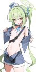  1girl :d absurdres belt black_belt blue_archive blue_choker blue_hairband blue_shorts blush breasts choker commentary earrings fang green_hair green_halo hairband halo hat headset highres jewelry kaminari_(edeath) long_hair looking_at_viewer mini_hat navel nozomi_(blue_archive) open_mouth pasties shorts simple_background skin_fang small_breasts smile solo twintails very_long_hair white_background white_hat yellow_eyes 