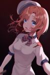  1girl absurdres black_background blood blood_on_clothes blood_on_face blue_eyes bow bowtie breasts commentary dress dustea gradient_background hat highres higurashi_no_naku_koro_ni holding light_blush looking_at_viewer medium_hair open_mouth orange_hair purple_bow purple_bowtie red_background ryuuguu_rena short_sleeves solo untranslatable_commentary upper_body white_dress white_hat 