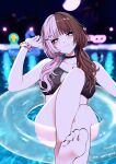  1girl bare_shoulders barefoot bikini black_bikini black_choker blurry blurry_background blush breasts brown_hair brown_nails choker closed_mouth collarbone commentary_request feet feet_up foreshortening hair_ornament hairclip heart heart_print highres innertube large_breasts long_hair looking_at_viewer moon multicolored_hair nail_polish night noli-pee_(little_stupid) outdoors palm_tree pink_hair pink_lips pink_scrunchie pool presenting_foot purple_eyes rabbit_hair_ornament scrunchie smile soles solo split-color_hair streaked_hair swim_ring swimsuit tachibana_hinano thighs toenail_polish toenails toes tree twintails two-tone_hair virtual_youtuber vspo! water wrist_scrunchie 