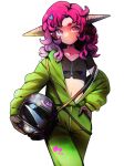  1girl absurdres black_gloves black_shirt closed_mouth collarbone commentary cowboy_shot crop_top eudetenis gloves green_jumpsuit hair_ornament hand_on_own_hip heart heart_hair_ornament helmet highres holding horns jumpsuit lethal_company looking_at_viewer medium_hair midriff motorcycle_helmet navel original pink_eyes pink_hair pointy_ears purple_hair shirt simple_background solo spacesuit standing unworn_headwear unworn_helmet white_background 