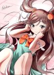  1girl absurdres aqua_dress asuka_(pixiv82529874) bare_shoulders blush bow breasts brown_eyes brown_hair closed_mouth collarbone commentary_request dress hair_bobbles hair_ornament highres jasmine_(pokemon) long_hair looking_at_viewer lying on_back orange_bow pokemon pokemon_heartgold_and_soulsilver sleeveless sleeveless_dress smile solo thighs two_side_up 