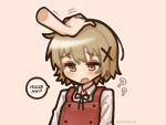  1girl ? blonde_hair blush brown_eyes brown_hair disembodied_hand hair_ornament hairclip headpat hidamari_sketch highres open_mouth school_uniform shimejimee short_hair simple_background speech_bubble twitter_username x_hair_ornament yamabuki_high_school_uniform yuno_(hidamari_sketch) 