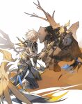  2boys armor armored_boots asymmetrical_wings backlighting bare_tree black_bodysuit black_boots black_cape black_mask blonde_hair blue_flower bodysuit boots branch cape closed_mouth covered_face cracked_skin dual_persona flower from_side full_body gauntlets gyulseu hair_between_eyes hand_up highres honkai:_star_rail honkai_(series) hood hooded_cape looking_at_another male_focus mask multiple_boys pauldrons phainon_(flame_reaver)_(honkai:_star_rail) phainon_(honkai:_star_rail) phainon_(khaslana)_(honkai:_star_rail) sand short_hair shoulder_armor simple_background single_gauntlet single_pauldron sitting torn_cape torn_clothes tree waist_cape white_background wings yellow_eyes 