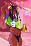  1boy androgynous arizuume bikini bracelet breasts bulge cover_bikini_girl_(gta_vi)_(pose) cowboy_shot crop_top dark-skinned_male dark_skin dragona_joestar dreadlocks flower_wreath grand_theft_auto grand_theft_auto_vi green_nails green_shirt head_wreath highleg highleg_bikini highres jewelry jojo_no_kimyou_na_bouken male_focus male_with_breasts medium_breasts navel outdoors parted_lips shirt solo swimsuit the_jojolands trap 