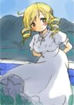  arms_behind_back blush cosplay dress drill_hair mahou_shoujo_madoka_magica marnie marnie_(cosplay) omoide_no_marnie parody puffy_short_sleeves puffy_sleeves short_hair short_sleeves solo tomoe_mami tsubaki_(tatajd) twin_drills twintails white_dress 