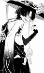  1boy :p akanbe animal_print armor bird_print bishounen blunt_ends bridal_gauntlets eyelid_pull finger_to_eye from_behind furisode genshin_impact greyscale hand_on_own_hip hand_up hat highres index_finger_raised japanese_armor japanese_clothes jingasa kimono kote looking_at_viewer looking_back male_focus monochrome open_mouth rope scaramouche_(genshin_impact) short_sleeves shorts side_cape solo sourou451451 teeth tongue tongue_out tsurime upper_teeth_only wanderer_(genshin_impact) white_background wispy_bangs 