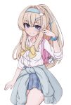  1girl absurdres bag blonde_hair blue_eyes blue_hairband blush bow bowtie clothes_around_waist commentary girls'_frontline girls'_frontline_2:_exilium gyaru hair_ornament hairband highres jacket jacket_around_waist long_hair looking_at_viewer miniskirt risu_(risu028) school_bag school_uniform scrunchie shirt skirt smile solo suomi_(girls'_frontline) suomi_(girls'_frontline_2) v white_background white_shirt wrist_scrunchie 