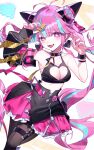  1girl bare_shoulders black_pantyhose blue_hair blush breasts caution_tape cleavage clothing_cutout collarbone commentary_request detached_sleeves earrings fangs heart heart_cutout heart_earrings highres jewelry kumeyuyumi0621 lilanthim_(shadowverse) long_hair looking_at_viewer medium_breasts multicolored_hair navel open_mouth pantyhose pink_eyes pink_hair pink_nails pixel_heart shadowverse shadowverse:_worlds_beyond simple_background single_bare_arm single_detached_sleeve smile solo star-shaped_pupils star_(symbol) symbol-shaped_pupils two-tone_hair white_background zipper zipper_footwear 