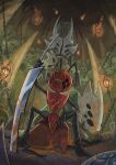  1girl 6+others aizawa_sachi antennae arena arm_on_knee armor arthropod_girl arthropod_limbs black_skin blood blood_on_armor blood_on_back blood_on_face blood_on_ground blood_on_mask blood_on_weapon blood_splatter brown_helmet chain chair colored_blood colored_skin colosseum_of_fools_(hollow_knight) commentary_request corpse creature extra_eyes facing_viewer god_tamer_(hollow_knight) green_skin helmet holding holding_sword holding_weapon hollow_eyes hollow_knight horned_mask indoors lantern looking_at_another mask multiple_others orange_blood planted planted_sword red_armor red_helmet red_mask shielded_fool_(hollow_knight) shoulder_armor sitting sitting_on_person sword weapon white_mask yellow_skin 