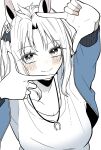  1girl animal_ears blush breasts cleavage collarbone commentary eyelashes finger_frame fingernails hair_ribbon highres horse_ears horse_girl jacket medium_hair original ribbon shirt smile solo umamusume upper_body white_background yumeno_haru_(yunekoko) yunekoko 