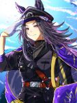  1girl animal_ears black_hair black_jacket black_shirt blush closed_mouth ears_through_headwear fenomeno_(black_flames_of_the_righteous_spirit)_(umamusume) fenomeno_(umamusume) flipped_hair gloves hat highres horse_ears horse_girl horseshoe_hat_ornament horseshoe_ornament jacket long_hair long_sleeves multicolored_hair peaked_cap purple_eyes purple_hair roroko_momo salute shirt umamusume upper_body white_gloves 