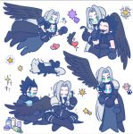  105zz 2boys animal animalization armor arms_up black_coat black_feathers black_gloves black_hair black_wings blue_eyes cat coat commentary_request crisis_core:_final_fantasy_vii cross_scar feathered_wings feathers final_fantasy final_fantasy_vii flying full_body gloves green_eyes grey_hair heart holding holding_brush holding_feather indian_style long_hair male_focus multiple_boys multiple_views open_mouth parted_bangs scar scar_on_cheek scar_on_face sephiroth short_hair shoulder_armor simple_background single_wing sitting sparkle star_(symbol) white_background wings zack_fair 