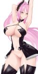  1girl absurdres armpits arms_up azur_lane black_boots black_bow black_horns black_jacket blush boots bow breasts censored closed_mouth commentary fur-trimmed_jacket fur_trim green_eyes hair_intakes high_ponytail highres horns huge_breasts jacket long_hair max_immelmann_(azur_lane) mole mole_under_mouth mosaic_censoring navel pink_hair pink_lips pointy_ears ponytail pussy shiyoru simple_background smile solo stomach thigh_boots thighs white_background 
