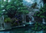  1girl abandoned amamiya_kotetsu black_hair black_jacket blazer blue_flower brown_skirt bush commentary_request fern flower from_side ghost highres holding holding_umbrella hydrangea jacket miniskirt original overcast overgrown pleated_skirt post-apocalypse profile purple_flower rain ripples ruins scenery school_uniform short_hair skirt sky solo stairs standing too_many_watermarks transparent transparent_umbrella tree umbrella urban very_short_hair watermark wide_shot 