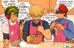  3boys apron bag baking bakugou_katsuki batter blind_deaf_mute_stuck_in_the_arctic_(meme) blindfold blonde_hair blue_shirt boku_no_hero_academia bright_pupils broken_egg burn_scar cellphone character_name closed_eyes clothes_writing clothing_request commentary covered_eyes covered_mouth crew_neck cupboard curtained_hair d: ear_protection egg egg_carton egg_yolk eggshell english_commentary english_text flour freckles furrowed_brow gag green_eyes green_hair hair_between_eyes hand_on_table hand_up hands_up highres holding holding_egg holding_eggshell holding_phone improvised_gag indoors lia_(miauiz) long_sleeves looking_at_phone looking_down male_focus meme midoriya_izuku misunderstanding mixing_bowl motion_lines multicolored_hair multiple_boys multiple_scars object_request open_mouth outline parted_bangs phone print_apron red_hair scar scar_on_arm scar_on_cheek scar_on_face scar_on_forehead scar_on_hand shadow shirt short_hair short_sleeves side-by-side smartphone speech_bubble spiked_hair split-color_hair t-shirt table tape tape_gag tearing_up tears teeth todoroki_shoto transparent_outline trembling turtleneck turtleneck_shirt two-tone_hair upper_body upper_teeth_only v-shaped_eyebrows white_hair white_outline white_pupils white_shirt 