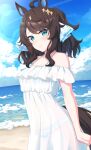  1girl ahoge alternate_costume animal_ears bananatsukis bare_shoulders beach bikini bikini_under_clothes blue_eyes blue_sky blush breasts brown_hair closed_mouth cloud commentary_request commission daring_tact_(umamusume) dress hair_between_eyes hair_ornament highres horse_ears horse_girl horse_tail long_hair looking_at_viewer ocean outdoors see-through_clothes see-through_dress skeb_commission sky smile solo star_(symbol) star_hair_ornament sundress swimsuit tail umamusume water white_dress 