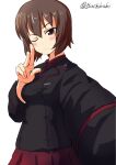  1girl ;) black_jacket blush breasts brown_eyes brown_hair buchikaki commentary_request cross girls_und_panzer highres iron_cross jacket kuromorimine_military_uniform large_breasts long_sleeves looking_at_viewer military military_jacket military_uniform nishizumi_maho one-hour_drawing_challenge one_eye_closed red_shirt selfie shirt short_hair smile solo twitter_username upper_body 