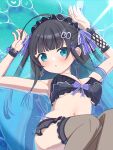  1girl absurdres armpits arms_up assault_lily bikini black_bikini black_hair black_hairband blue_eyes blue_hair blunt_bangs blush bow bow_bikini breasts brown_thighhighs commentary_request day detached_sleeves earrings feet_out_of_frame fishnet_sleeves fishnets frilled_bikini frilled_hairband frills gradient_hair hair_ornament hair_ribbon hairband heart heart_hair_ornament highres jewelry knees_up light_particles long_hair looking_at_viewer lying medium_breasts mozuna_noa multi-strapped_bikini_bottom multicolored_hair navel official_alternate_costume on_back outdoors parted_lips partially_submerged purple_bow purple_ribbon puru_(pru_azucena) ribbon shallow_water short_sleeves side-tie_bikini_bottom single_detached_sleeve single_earring solo stomach striped_bow swimsuit thighhighs two-tone_hair two_side_up underboob very_long_hair water wrist_cuffs x_hair_ornament 