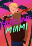  1boy absurdres animification baseball_bat blonde_hair blood blood_on_clothes blood_on_face blood_on_weapon blue_eyes blue_pants commentary commentary_request copyright_name denim highres holding holding_baseball_bat hotline_miami jacket jacket_(hotline_miami) jpt02 looking_at_viewer looking_back male_focus over_shoulder palm_tree pants short_hair solo sunset tree weapon 
