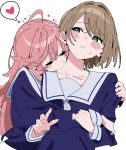  2girls absurdres ahoge atenaba biting biting_neck blue_shirt blush brown_hair green_eyes heart highres hug kagari_mimi kimi_ga_shinu_made_koi_wo_shitai long_hair long_sleeves loving_aura multiple_girls pink_hair school_uniform shirt short_hair simple_background spoken_heart sweatdrop totsuki_shiina upper_body wavy_mouth white_background yuri 