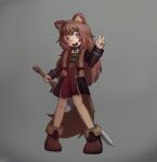  1girl :d animal_ear_fluff ankle_boots black_dress blunt_sidelocks boots brown_boots brown_dress brown_hair child collar commentary dress english_commentary full_body grey_background hand_up highres holding holding_sword holding_weapon kiln_firelink long_hair long_sidelocks long_sleeves looking_at_viewer messy_hair metal_collar metal_wrist_cuffs open_mouth pink_hair pinstripe_dress pinstripe_pattern raphtalia raphtalia_(young) red_dress short_dress short_sleeves sidelocks simple_background smile solo standing sword tate_no_yuusha_no_nariagari teeth two-tone_dress upper_teeth_only w weapon yellow_trim 