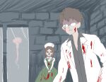  1boy 1girl alfred_drevis blood blood_on_clothes braid brain broken_eyewear brown_hair coat commentary_request exposed_brain expressionless glasses hat lab_coat mad_father maria_(mad_father) nurse_cap official_art seeen short_hair twin_braids white_coat 
