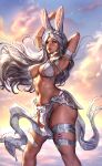 1girl absurdres animal_ears arm_behind_head arm_markings arm_up armpits aylisnyan bikini breasts commentary cowboy_shot curvy dark-skinned_female dark_skin dated_commentary english_commentary eyelashes facial_mark facing_to_the_side falling_star floating_hair grey_eyes grey_hair heart heart_facial_mark highres hip_armor jewelry large_breasts legs_apart long_hair looking_afar navel original outdoors parted_lips rabbit_ears rabbit_girl sidelighting silver_bikini silver_jewelry silver_tiara sky sling_bikini_top solo standing star_(sky) swimsuit teeth thick_thighs thigh_marking thighlet thighs underboob very_long_hair wide_hips 