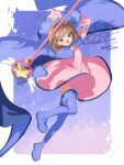  1girl :d antenna_hair boots brown_hair cape cardcaptor_sakura dress floating_cape full_body gloves green_eyes hat hat_ornament highres holding holding_wand hoshi_no_tsue kinomoto_sakura kinomoto_sakura_(starlit_dream) long_sleeves looking_at_viewer magical_girl medium_hair open_mouth pink_dress purple_boots purple_cape purple_gloves purple_hat serizawa_serizane smile solo star_(symbol) star_hat_ornament star_wand thigh_boots wand 