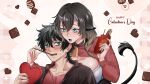  1boy 1girl animal_ears bags_under_eyes bell belt black_hair blush braid breast_press breasts breasts_on_another's_back brown_hair brown_jacket candy chocolate cleavage clenched_hand collar collarbone congratulations couple cow_ears cow_girl cow_horns cowbell cropped_hoodie degrees_of_lewdity english_text fingernails flustered food food_in_mouth from_side gradient_hair grey_eyes grid_background hair_between_eyes happy_valentine heart heart-shaped_chocolate heart-shaped_food hetero highres holding holding_heart hood hoodie horns jacket krimkopi kylar_(degrees_of_lewdity) kylar_(male)_(degrees_of_lewdity) leaning_forward long_hair long_sleeves low-tied_long_hair lower_teeth_only messy_hair multicolored_hair open_mouth patterned_background pink_background pink_lips pink_shirt plaid_background player_character_(degrees_of_lewdity) player_character_(female)_(degrees_of_lewdity) pocky pocky_in_mouth raised_eyebrows shirt short_hair sidelocks single_braid small_horns standing surprised sweatdrop tail taller_female_shorter_male teeth upper_body watermark wavy_mouth white_shirt wide-eyed 