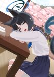  1girl absurdres animal_ears black_eyes black_hair blue_archive blue_halo blush cat_ears cat_girl cat_tail commentary_request gradient_tail halo highres kikyou_(blue_archive) looking_at_viewer multiple_tails pleated_skirt ririkal01 school_uniform serafuku short_hair sitting skirt smile solo table tail two_tails 
