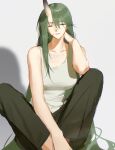  1girl alternate_costume arknights bare_shoulders black_pants breasts chinese_commentary closed_eyes commentary_request crossed_ankles facing_viewer feet_out_of_frame green_hair hair_between_eyes hand_on_own_neck hand_up highres horns hoshiguma_(arknights) knees_up large_breasts long_hair pants shirt single_horn sitting skin-covered_horns sleeveless sleeveless_shirt smile solo tank_top white_shirt wushui_zhan_nao_geng 