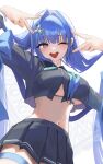  1girl absurdres arata_haru arcana_(fortune_mate)_(nikke) arcana_(nikke) black_sailor_collar black_serafuku black_skirt blue_eyes blue_hair blue_neckerchief blush bra breast_zipper breasts commentary_request crop_top crop_top_overhang cropped_shirt double_v goddess_of_victory:_nikke gradient_neckerchief green_neckerchief hair_ornament highres large_breasts long_hair looking_at_viewer multicolored_neckerchief navel neckerchief official_alternate_costume one_eye_closed open_mouth partially_unzipped pleated_skirt sailor_collar school_uniform serafuku shawl skirt smile solo teeth underwear upper_teeth_only v very_long_hair white_bra white_shawl 