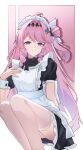  1girl absurdres ahoge alternate_costume ang_bai_quan apron black_dress border breasts chinese_commentary colored_inner_hair commentary_request denia_(wuthering_waves) dress enmaided feet_out_of_frame grey_thighhighs hair_intakes hair_ornament hand_up highres long_hair looking_at_viewer maid maid_headdress medium_breasts multicolored_hair parted_lips pink_background pink_hair purple_eyes purple_hair red_pupils short_sleeves smile solo thighhighs white_border wuthering_waves 
