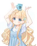  1girl arms_up blonde_hair blue_dress blue_eyes blush commentary_request cup dress hair_bun hair_ornament hairclip highres long_hair looking_at_viewer mug on_head original parted_lips puffy_short_sleeves puffy_sleeves rino_cnc shirt short_sleeves signature single_side_bun sleeveless sleeveless_dress solo twitter_username very_long_hair white_background white_shirt 