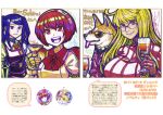  3girls :d ahoge alma_armas android animal bartender black_vest blonde_hair bow bowtie breasts closed_mouth clothed_animal cocktail_glass cocktail_shaker commentary_request copyright_name cup dated dog dorothy_haze drink drinking_glass glasses hairband hawaiian_shirt holding holding_drink jill_stingray joints large_breasts long_hair looking_at_viewer mechanical_hands multiple_girls multiple_views necktie open_mouth orange_eyes over-rim_eyewear prosthesis prosthetic_hand puffy_short_sleeves puffy_sleeves purple_eyes purple_hair rad_shiba red_bow red_bowtie red_eyes red_hair red_necktie red_sweater ribbed_sweater robot_joints semi-rimless_eyewear shikishi shirt short_hair short_sleeves sidelocks signature smile striped_clothes striped_hairband sunglasses suzuki_ken'ya sweater swept_bangs tan teeth tongue translation_request turtleneck turtleneck_sweater twintails upper_teeth_only va-11_hall-a vest white_shirt 