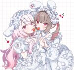  2girls animal_ears blush bow brown_hair cherry choker colored_inner_hair commentary_request dress fang food frilled_choker frilled_dress frills fruit grid_background hair_intakes hair_ornament highres holding_hands interlocked_fingers long_hair long_sleeves looking_at_viewer makaino_ririmu multicolored_hair multiple_girls nijisanji open_mouth pink_eyes pink_hair pointy_ears rabbit_ears rabbit_hair_ornament shiina_yuika sirousagizidou skin_fang smile streaked_hair twintails two-tone_hair virtual_youtuber white_background white_bow white_choker white_dress white_headdress 