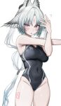  1girl absurdres alternate_costume animal_ears aqua_hair arcane_(arknights) arknights arknights:_endfield bird_ears bird_girl black_one-piece_swimsuit blue_eyes blush breasts commentary_request competition_swimsuit feathered_wings gradient_hair head_wings highleg highleg_one-piece_swimsuit highres large_breasts leg_tattoo long_hair looking_at_viewer multicolored_hair one-piece_swimsuit open_mouth parted_bangs solo stretching swimsuit tab_head tattoo two-tone_hair very_long_hair white_hair wings 