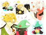  2boys anger_vein blonde_hair cake candle closed_eyes collared_shirt commentary deltarune flower flowery_(deltarune) food furry glasses goat_boy goat_horns green-framed_eyewear green_hat green_vest hat heart holding holding_cake holding_food holding_unworn_clothes holding_unworn_jacket horns jacket kaeh_12 korean_commentary male_focus multiple_boys orange_vest pink_horns pink_scarf poking_nose ralsei ralsei_(hat) scarf shirt spoken_squiggle squiggle sweat two-tone_vest unworn_jacket utdr_(toby_fox) vest white_shirt witch_hat yellow_flower 