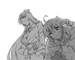  2girls :d ;d ahoge arm_up assault_lily braid breasts butterfly_hair_ornament cloak closed_mouth collared_shirt commentary_request crossed_bangs detached_collar fingerless_gloves funada_kiito gloves greyscale grin hair_between_eyes hair_ornament half_gloves hand_up headphones headphones_around_neck jacket kawamura_yuzuriha large_breasts long_hair long_sleeves looking_at_viewer looking_down mole mole_under_eye monochrome multiple_girls necktie odaiba_girls_high_school_uniform one_eye_closed salute santouka school_uniform shirt short_sleeves side_braid simple_background single_braid smile standing upper_body v v-shaped_eyebrows very_long_hair white_background 