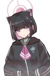  1girl absurdres animal_ears black_choker black_hair black_jacket blue_archive blush cat_ears cat_girl choker closed_mouth colored_inner_animal_ears colored_inner_hair commentary extra_ears green_sailor_collar halo hands_in_pockets highres jacket kazusa_(blue_archive) multicolored_hair neckerchief pink_eyes pink_hair pink_halo pink_neckerchief sailor_collar short_hair solo sweatdrop topgu two-tone_hair 
