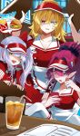 3girls absurdres anger_vein baobhan_sith_(fate) barghest_(fate) blonde_hair breasts burger cleavage commentary cup dress drink fate/grand_order fate_(series) food forked_eyebrows french_fries green_eyes grey_eyes hair_ornament hat heterochromia high_ponytail highres large_breasts long_hair looking_at_viewer ma_ple melusine_(fate) multiple_girls open_mouth pink_hair pointy_ears ponytail red_dress red_eyes red_hat shaded_face short_sleeves sidelocks small_breasts smile visor_cap white_hair yellow_eyes 