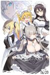  5girls :d ;d ascot ayuzawa_misaki azur_lane between_breasts black_dress black_ribbon blonde_hair blue_eyes braid breasts cleavage closed_mouth clothes_lift commentary crossover dragon_horns dragon_tail dress dress_lift english_commentary fang flight_deck formidable_(azur_lane) frilled_dress frills gloves gothic_lolita gradient_hair grey_hair hair_ribbon hand_on_own_hip hayasaka_ai highres holding holding_knife holding_own_dress horns izayoi_sakuya kaguya-sama_wa_kokurasetai_~tensai-tachi_no_renai_zunousen~ kaichou_wa_maid-sama! knife kobayashi-san_chi_no_maidragon large_breasts layered_dress lolita_fashion maid maid_headdress multicolored_hair multiple_crossover multiple_girls one_eye_closed orange_eyes orange_hair parted_lips red_eyes ribbon rigging side_ponytail simple_background slit_pupils smile sparkle spider_apple tail tohru_(maidragon) touhou trait_connection twintails white_ascot white_background white_dress white_gloves white_hair white_ribbon 