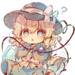  1girl :o ? black_hat blonde_hair blue_eyes blush bow bright_pupils buttons chibi chibi_only commentary_request cowboy_shot diamond_button disembodied_linked_eye eyes_visible_through_hair film_grain frilled_shirt_collar frills green_skirt hair_between_eyes hat hat_bow heart heart_of_string komeiji_koishi looking_at_viewer medium_hair parted_lips sekisei_(superego51) shirt simple_background skirt sleeves_past_fingers sleeves_past_wrists solo sun_hat tareme touhou wavy_hair white_background white_pupils wide_sleeves yellow_bow yellow_shirt 