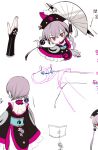  1girl cherry_blossom_print chinese_clothes commentary_request dress fan_lit_fan_(mahoiku) floral_print flower_ornament frilled_dress frilled_sleeves frills hair_ornament hand_fan hat holding holding_fan lolita_fashion magical_girl mahou_shoujo_ikusei_keikaku mahou_shoujo_ikusei_keikaku_f2p maruino purple_hair qi_lolita red_eyes reference_sheet short_hair tassel 