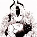  1girl animal bare_shoulders black_cat black_choker black_dress black_hair black_horns black_nails blue_archive brown_jacket cat choker collarbone commentary_request covered_navel cowboy_shot demon_horns dress ear_piercing earrings floral_background furrowed_brow hair_between_eyes holding holding_animal holding_cat horns jacket jewelry kayoko_(blue_archive) kayoko_(dress)_(blue_archive) light_smile long_hair long_sleeves looking_at_viewer mole mole_on_collarbone monochrome multicolored_hair open_mouth piercing qianli_zhuifeng_xia red_eyes simple_background solo standing two-tone_hair white_background white_hair 